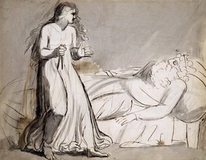 殺害されたダンカンに近づくマクベス夫人（インクとウォッシュ） 作： William Blake